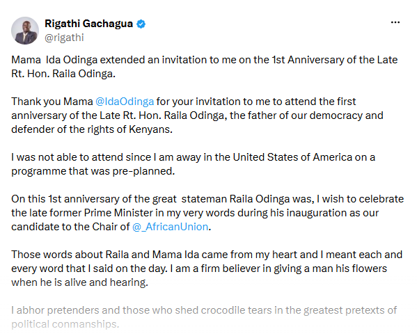 Former Deputy President Rigathi Gachagua's message posted on social media