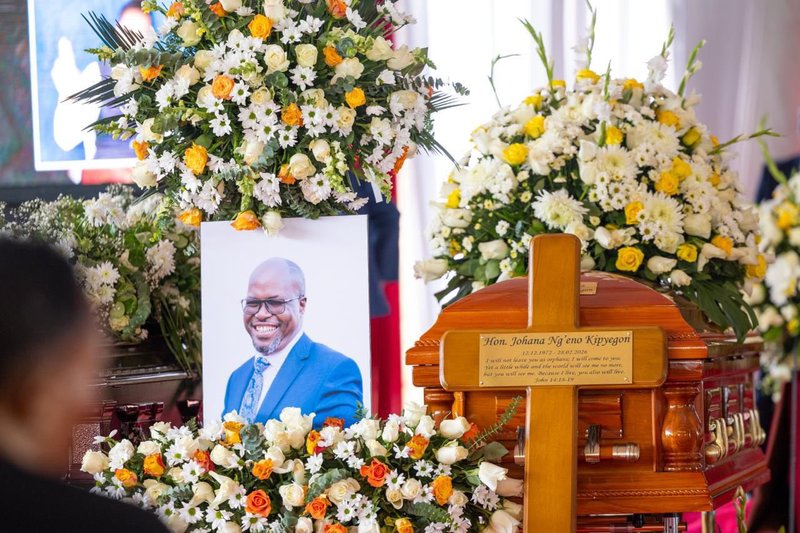 Casket bearing the body of late Emurua Dikirr MP Johana Ngeno during the burial service at Emurua Dikirr Primary School in Trans Mara. Photo/file