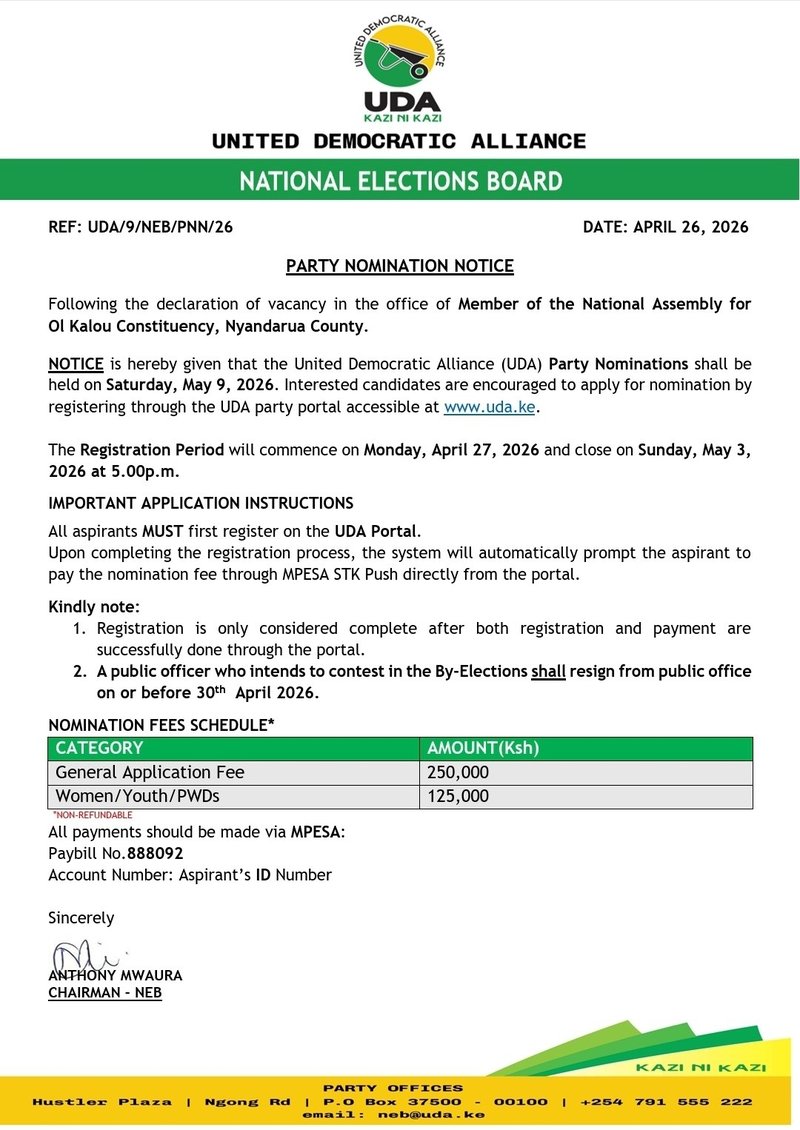 Annoucement released by UDA calling on aspirants to register for Ol Kalou by election.