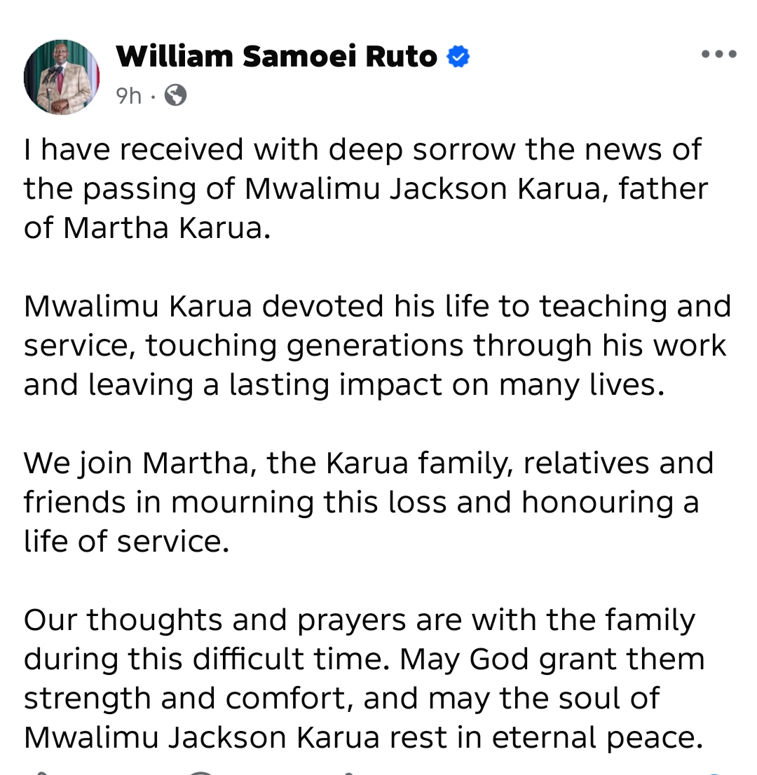 President Ruto Mourns Mwalimu Jackson Karua, Father of PLP Leader Martha Karua